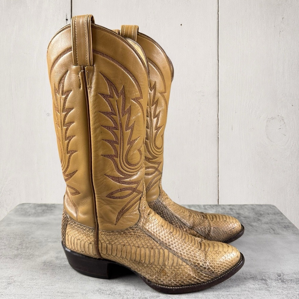 Vintage Tony Lama Python Snakeskin Tan Cowboy Boots Men’s 7.5 E Wide Black Label